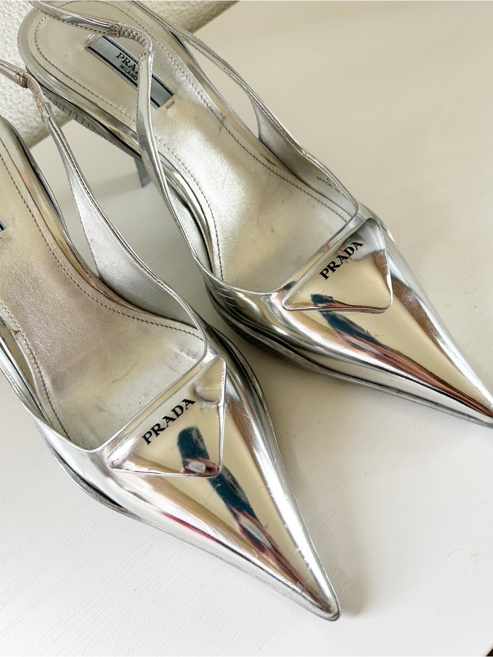 Prada Silver Metallic Slingback Heels Triangle Logo Size EU 41 - Picture 4 of 15